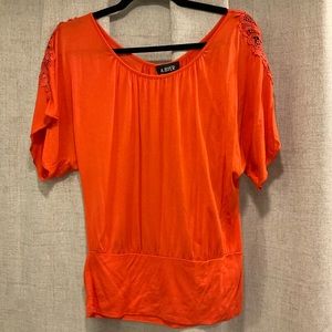 A. Byer Vibrant Orange  Blouse W/fancy Sleeve Size M